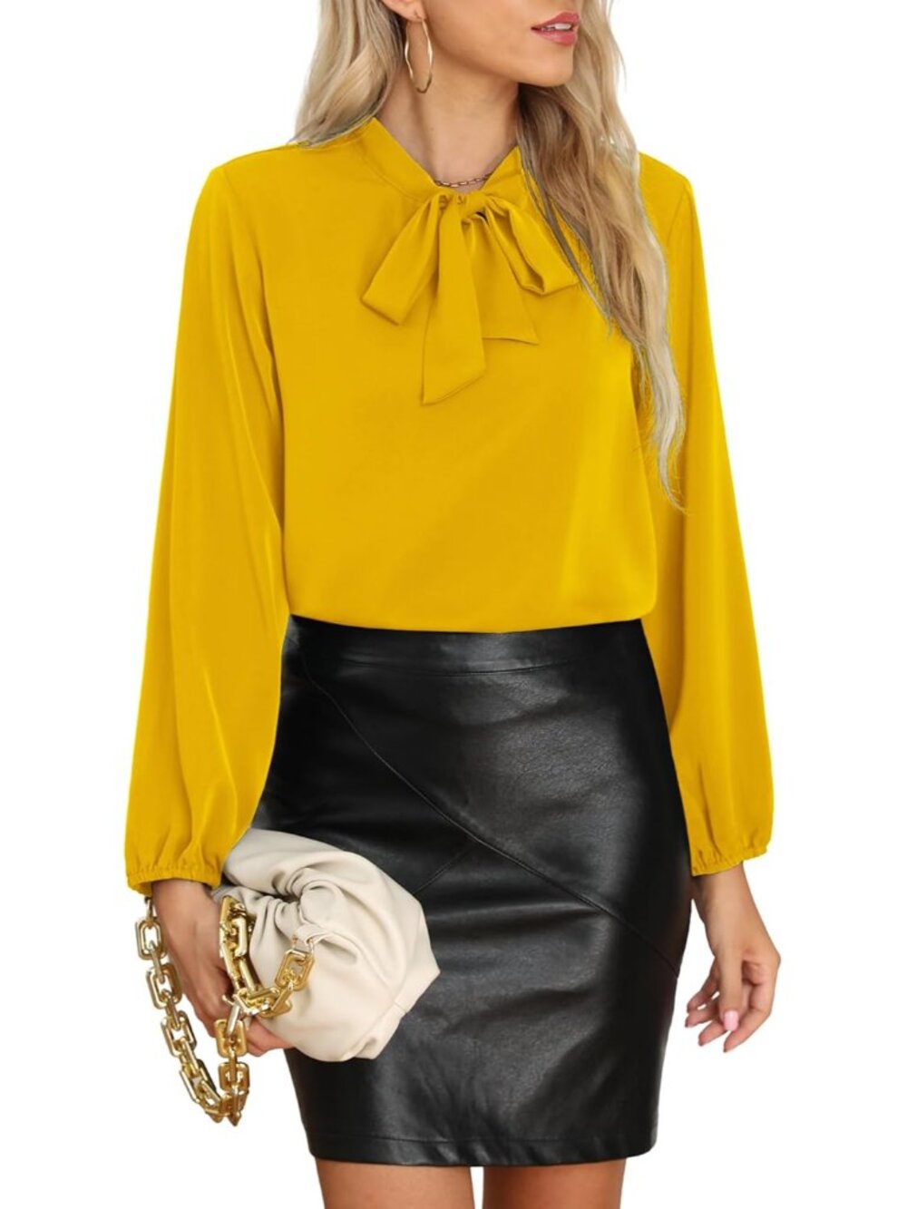 Womens Dressy Chiffon Blouse Business Work Casual Tie Neck Shirt Tops